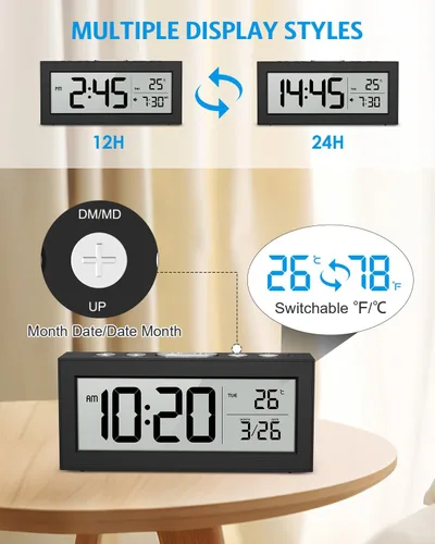 Vista 5 de AMIR Reloj despertador alimentado por pilas, reloj despertador de viaje con pantalla LCD grande que muestra la hora/fecha/temperatura, reloj digital