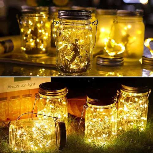 Vista 6 de Paquete de 10 luces solares Mason Jar para exteriores, 30 luces LED solares para frascos, luces de luciérnaga con ganchos (sin tarros)