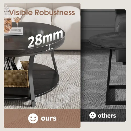 Vista 5 de Mesa auxiliar redonda, mesas de centro circulares de madera para sala de estar, mesa central industrial moderna de 2 niveles con mesa gruesa y marco