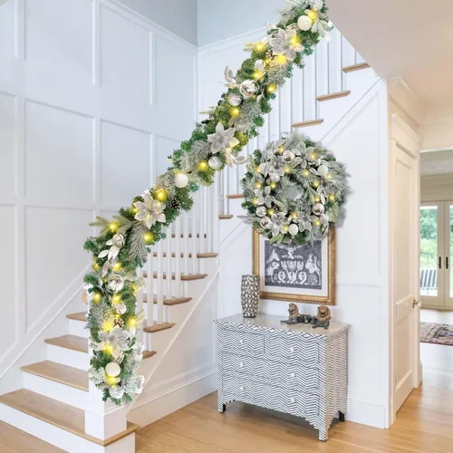 Vista 6 de WANNA-CUL Guirnalda de Navidad preencendida de 6 pies / 72 pulgadas con luces para decoración de puerta principal con adornos de bolas de Navidad