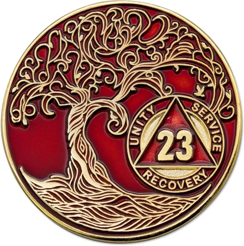 Vista 72 de 1 año Sobriety Mint Twisted Tree of Life Medallón de recuperación AA chapado en oro, chip/ficha - negro