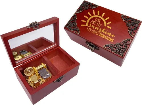Youtang You are My Sunshine - Caja de música de joyería con espejo, caja musical de madera grabada con láser, caja de música a cuerda, regalo