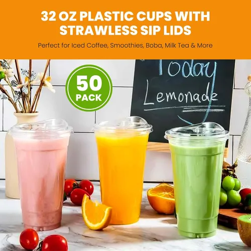 Vista 7 de Vasos de plástico transparente de 32 oz gruesos con tapas y pajitas, reutilizables, desechables vasos para café helado para batidos, cerveza