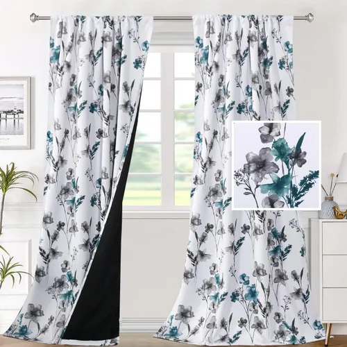 Vista 9 de H.VERSAILTEX Cenefas de cortina 100% opacas para ventanas de cocina, juego de 2 paneles de Cattleya con estampado floral, estampado floral