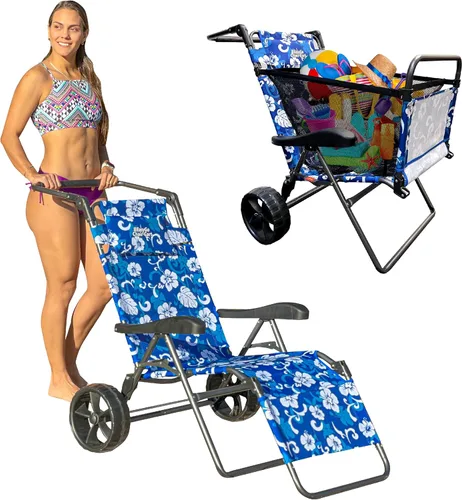Vista 7 de Silla de carrito de playa – 2 en 1 gira de silla a carrito – Ruedas grandes – Fácil de usar – Gran capacidad – Color azul
