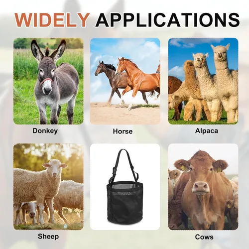 Vista 7 de Bolsa de alimentación para caballo, bozal de caballo con correa ajustable, malla de nailon, impermeable, bolsa para caballos de grano inferior Negro