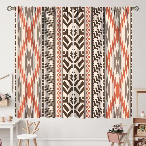 Cortinas con patrón geométrico tribal, estilo suroeste, azteca, rústico, occidental, nativo americano, opacas, con bolsillo para barra, decoración