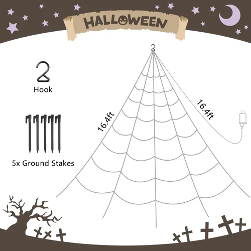 Vista 4 de Luces de telaraña para decoración de Halloween al aire libre de 16.4 pies de telaraña gigante, decoración iluminada, 135 luces LED moradas