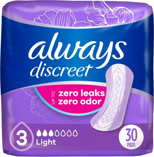 Always Discreet - Toallas para incontinencia adulta para mujer, absorción ligera, longitud regular, toallas posparto, 30 unidades (3 paquetes de 30