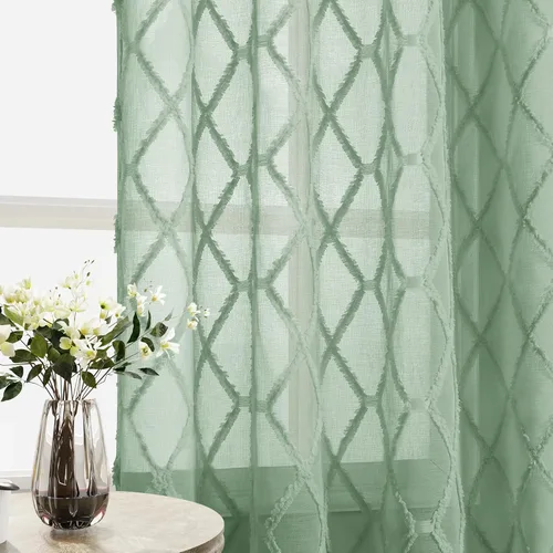 Vista 4 de Cortinas transparentes verde agua de 84 pulgadas de largo, 2 paneles con pompones y textura, cortinas de gasa con patrón bordado geométrico