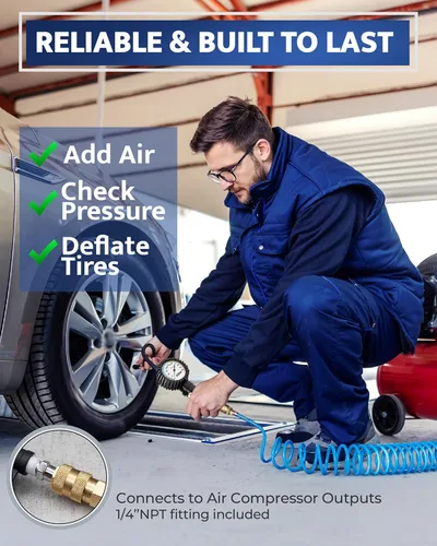 Vista 2 de Inflador de neumáticos con manómetro y manguera más larga, portabrocas de aire más preciso y resistente con medidor para compresor de aire