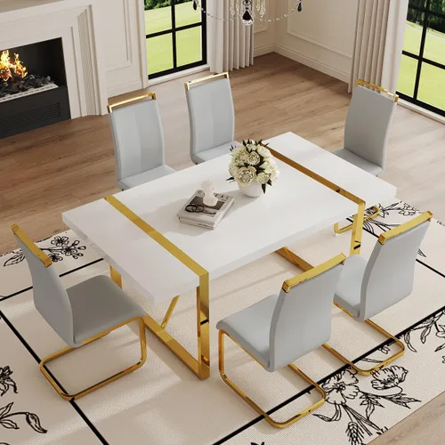 Vista 22 de Mesa de comedor Ebullient para 4, mesa de comedor rectangular negra de MDF, tapa de mesa de cena de mármol falso, mesa de comedor moderna con marco