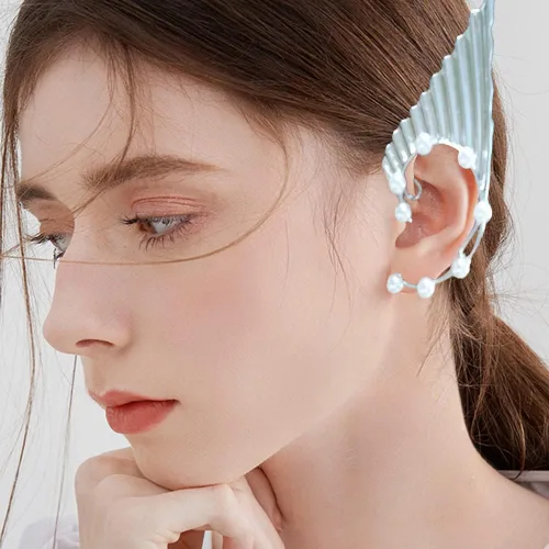 Vista 2 de Aretes de oreja de hada para mujeres y niñas, hipoalergénicos, sin perforación, concha, cola de sirena, elfo, puños de elfo, para escalador