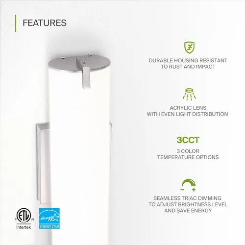 Vista 3 de ASD Lámpara LED de montaje en pared de 18 pulgadas, interruptor de 20 W, 120 V, 1500 lm, 3000 K/4000 K/5000 K, regulable, no parpadea, Energy Star