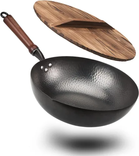 Vista 9 de BIELMEIER - Sartén Wok de 12.5", sartén para sofrito con tapa, guantes y accesorios para ollas, de acero al carbono, adecuada para todas las estufas