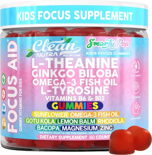 Clean Nutra Kids Focus - Gomitas con L-teanina, ginkgo biloba, aceite de pescado omega-3, L-tirosina, vitamina B6, B12, 60 unidades, etiqueta