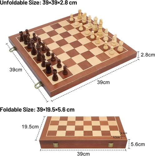 Vista 3 de LEAP Juegos de ajedrez y damas de madera, tablero de ajedrez plegable de sapele y arce de 15 pulgadas con 2 reinas adicionales, juego de tablero