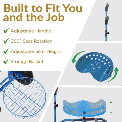Vista 4 de Sunnydaze Rolling Garden Cart with Swivel Seat, Handle, and Basket