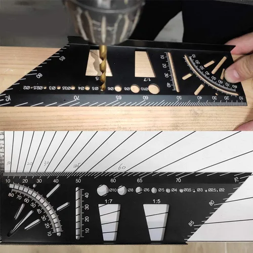 Vista 4 de Regla de medición de tamaño cuadrado para carpintería de aleación de aluminio, herramienta de plantilla de medición de ángulo de inglete 3D, calibre