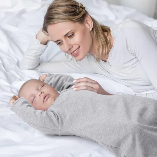 Vista 7 de Saco de Arrullo de Transición de Algodón Suave Premium con Brazos Arriba y Mangas de 0-3 Meses, Puños con Mitones, Cremallera de 2 Vías, Sacos