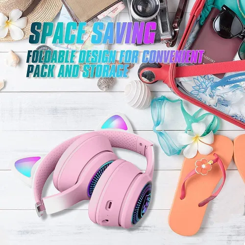 Vista 9 de Auriculares plegables inalámbricos Bluetooth 5.1 con luz LED, VIGROS estéreo, música, sonido envolvente con micrófono AUX para PC, pad, móvil