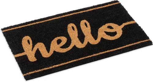 Ecomills Black Hello Coco - Tapete para puerta de fibra de coco natural, de 18 x 30 x 0.5 pulgadas, con respaldo de vinilo antideslizante, de perfil