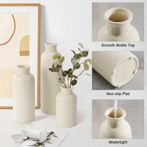 Vista 5 de Juego de 3 pequeños jarrones de cerámica beige, jarrones bohemios modernos de flores beige para decoración de habitación, decoración de granja