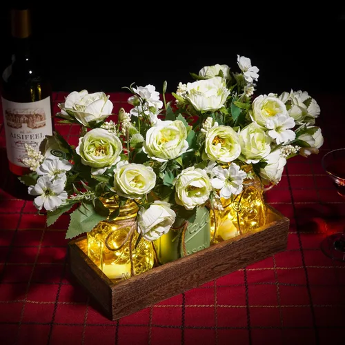 Vista 7 de 3 Piezas Centro de Mesa con Tarro de Conservas Decoraciones para Comedor, Mesa de Café de Granja con Bandeja de Madera y Luz LED, Centros de Mesa