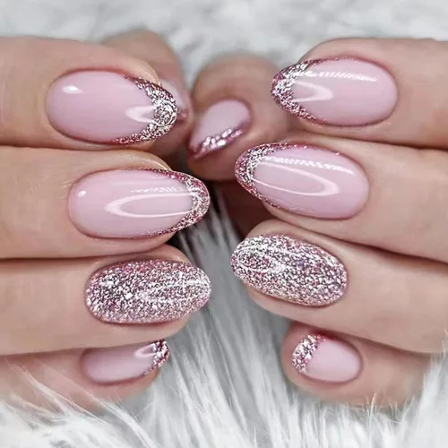 Vista 19 de Uñas postizas ovaladas cortas a presión, uñas doradas, uñas adhesivas brillantes, uñas acrílicas nude, con diseños de punta francesa 3D, uñas