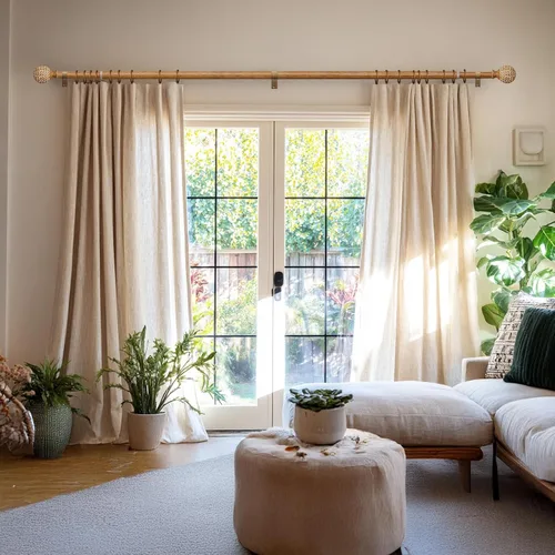 Vista 2 de QDWIS Barras de cortina de madera para ventanas, barras de cortina de 1 pulgada de diámetro con remates de patrón de hojas de grano de madera