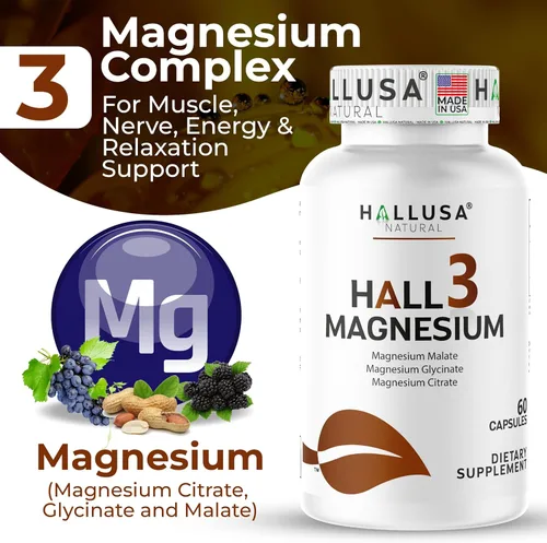 Vista 4 de HALL3 Magnesio x 60 Cápsulas – Complejo Triple Magnesio: Citrato, Glicinato y Malato – Suplemento dietético para el músculo – Función nerviosa
