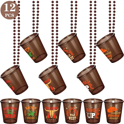 Vista 4 de Yinkin 12 piezas de collar de vasos de tiro de vaquero para decoración de fiesta temática occidental, vasos de chupito en collar de cuentas