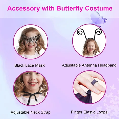 Vista 4 de Disfraz de Halloween de alas de mariposa para niñas, incluye máscara y diadema con antenas