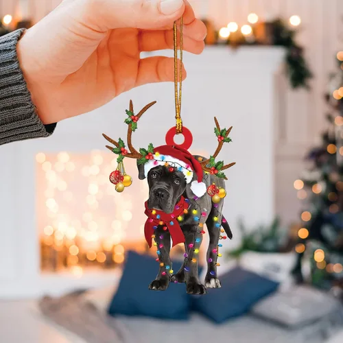 Vista 3 de Talataca Cane Corso con Sombrero de Navidad Reno con Luces de Cadena Perro Plano 2D Accesorio de Espejo Retrovisor de Coche Adorno de Árbol