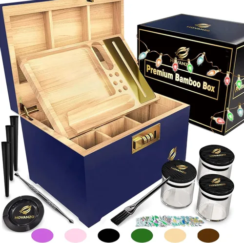 Vista 13 de Caja de almacenamiento grande de bambú premium con bandeja extraíble, caja de madera de almacenamiento para hierbas y accesorios, juego de caja