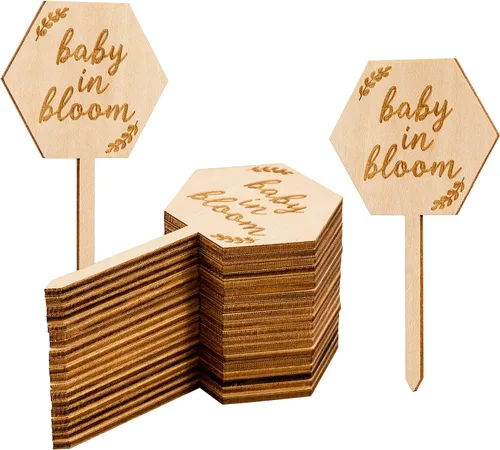 Parbee - Etiquetas hexagonales «Baby in Bloom» ecuerdos de baby shower, 20 etiquetas para suculentas, regalos de madera, estacas para jardín de