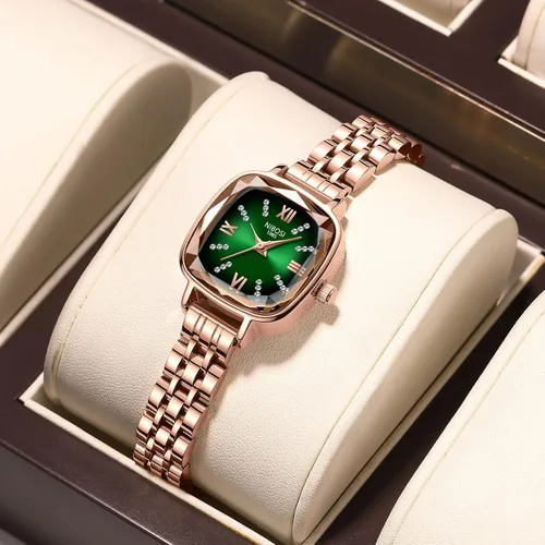 Vista 4 de NIBOSI Reloj analógico cuadrado con esfera verde para mujer, elegante reloj de pulsera con diamantes de oro rosa con correa de acero inoxidable
