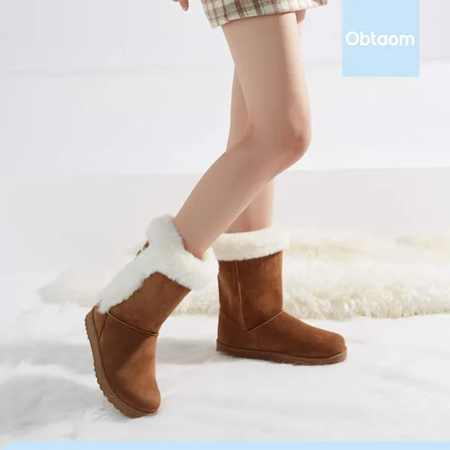 Vista 7 de Obtaom Botas de nieve de invierno para mujer con forro de piel cortas a media pantorrilla botas de moda con botón de resina botas de gamuza sintética