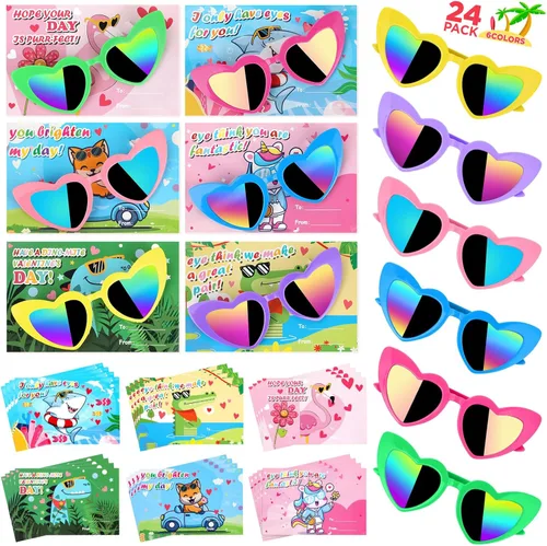 GINMIC Regalos para el día de San Valentín para niños, paquete de 24 lentes de sol en forma de corazón con tarjetas de San Valentín para niños, aula