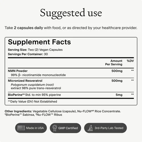 Vista 8 de OMRE Suplemento NMN + Resveratrol 99% de pureza para la energía celular, aumento de NAD+ Suplemento de nicotinamida mononucleótido altamente