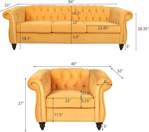 Vista 83 de RARZOE Juego de 3 piezas de muebles de sala de estar, sofá Chesterfield de terciopelo moderno, silla de club Chesterfield y sofá de dos plazas Mango