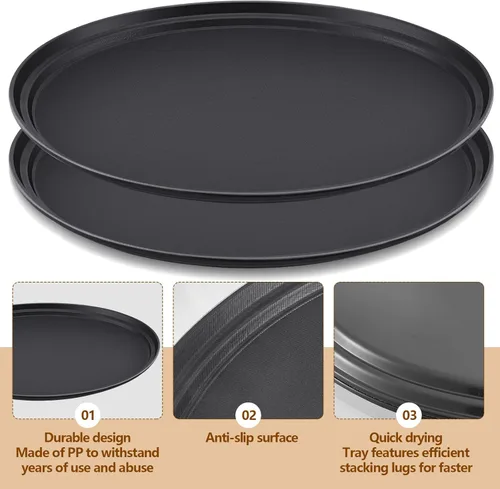 Vista 5 de FillTouch 2 bandejas de 24 x 29 pulgadas para restaurante, de plástico PP negro, antideslizante, con forro de goma, bandeja ovalada grande