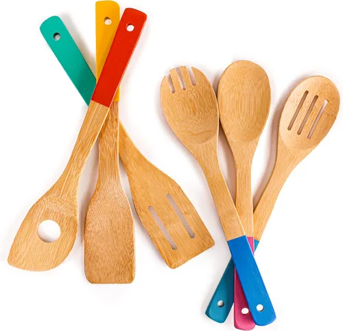 BergHOFF Juego de utensilios de bambú de 6 piezas, espátula ranurada y lisa, cuchara ranurada, cuchara para servir, cuchara de espagueti, cucharas
