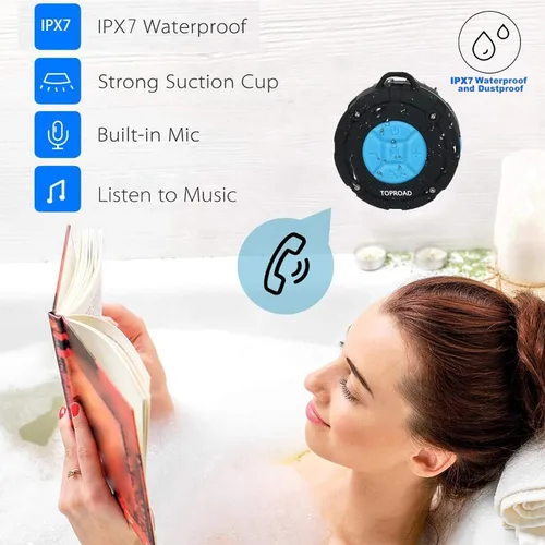 Vista 4 de TOPROAD - Altavoz Bluetooth impermeable, altavoces de ducha IPX7, pequeño altavoz portátil con clip y 2 ventosas, micrófono integrado, altavoz manos