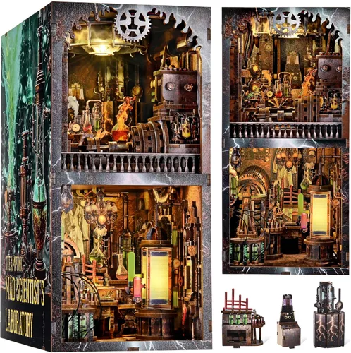 Vista 14 de fifijoy Kit de rincón de libros, casa de muñecas en miniatura para adultos y adolescentes, rompecabezas de madera 3D con luz LED, decoración retro