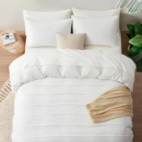 Vista 5 de Oli Anderson - Funda de edredón blanca tamaño Queen, funda de edredón plisada tamaño Queen, juego de ropa de cama texturizada suave y transpirable