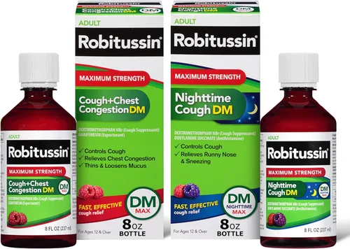 Robitussin DM Max para tos + congestión del pecho y Robitussin DM para tos nocturna de máxima fuerza, fórmulas para adultos - 2 botellas de 8 fl. oz
