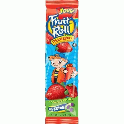 Vista 4 de Paquete variado de siete (7) bocadillos de rollo de frutas Jovy de 0.75 onzas: cereza, frambuesa, fresa, sandía, uva, manzana verde y mango
