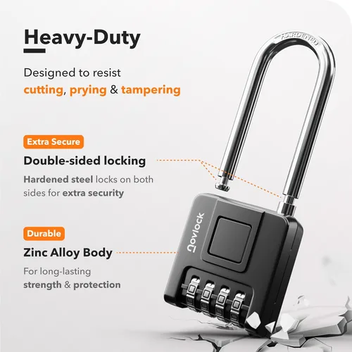 Vista 4 de Cerradura de combinación de grillete largo de 2.76 pulgadas para exteriores e interiores, resistente, resistente a la intemperie, seguridad de 4