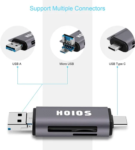 Vista 2 de Lector de tarjetas SD USB-C, lector de tarjetas de memoria 3 en 1 con tres conectores, adaptador de lector de tarjetas USB 3.0 para SDXC, Micro